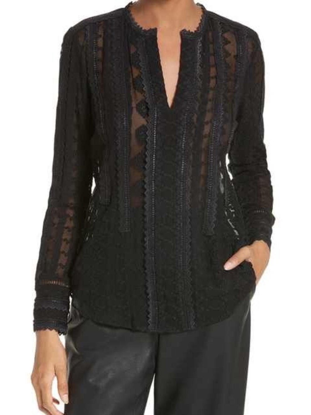 Rebecca Taylor Black Lace-Detail Sheer V-Neck Blouse